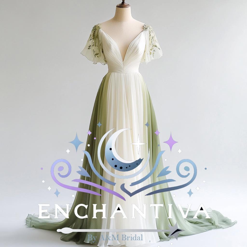 ivory and green wedding dress Gown cleavage