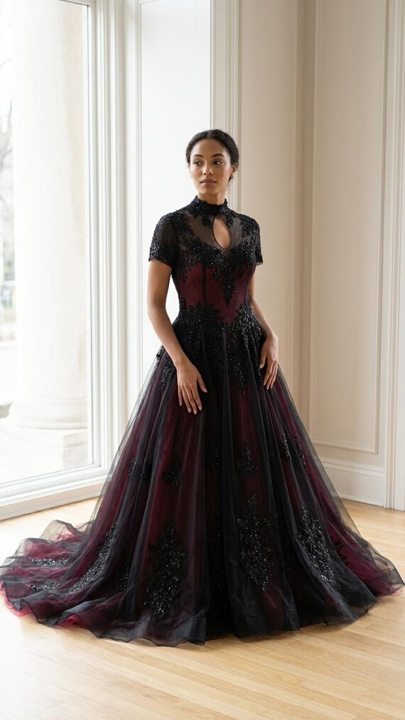 burgundy and black lace dress Private Label Black Lace Chiffon Overlay Burgundy Wedding Dress Black