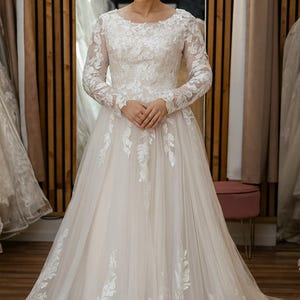 Maisie Blush Wedding Dress, Lace Ball Gown with Long Sleeves & Illusion Neckline, Floral Appliqué Bridal Gown Modest Dress LDS