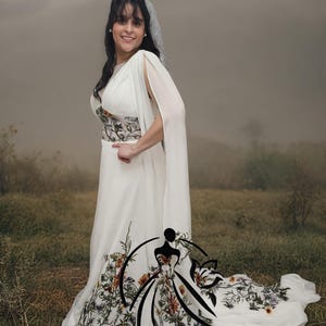 Salem Multicolored Floral Embroidery A-line Boho Wedding Dress Bridal Gown Floral Lace Details Cape Sleeves Deep V Neckline Chiffon Dress