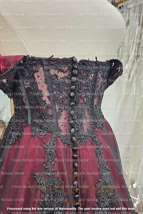 Gothic Black and Burgundy Wedding Dress with Lace, Off-Shoulder Corset Gown with Train | Carmina Gothic Bride Halloween Wedding