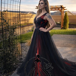 black and burgundy lace dress A-Line Tulle Lace Black/burgundy Long Prom Dress, Black/Burgundy Long –  dresstby main image 0
