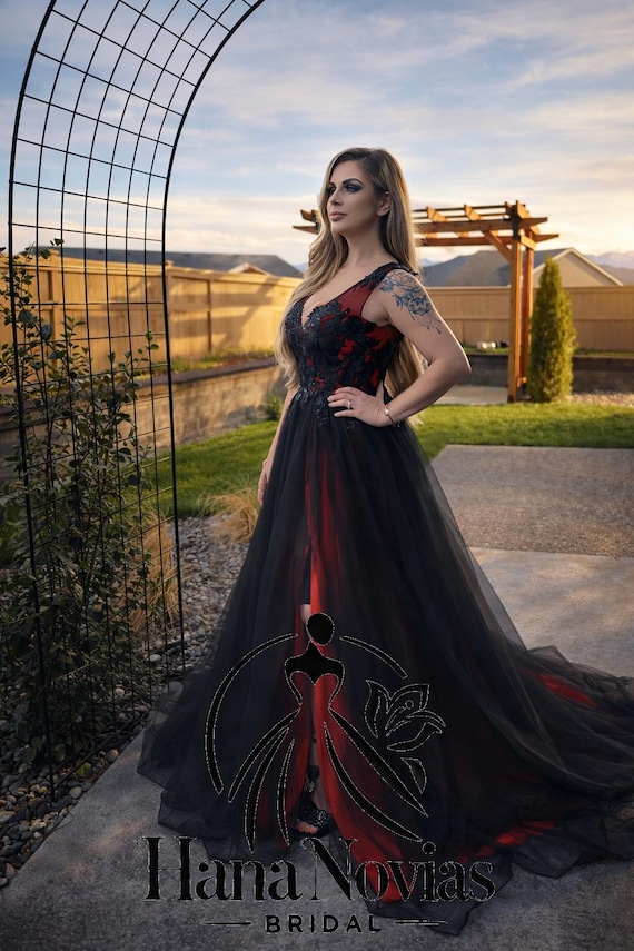 Black & Red Gothic Wedding Dress, Lace A-line Gown With Thigh Slit Emilia Sage - Etsy Black & Red Gothic Wedding Dress, Lace A-line Gown With Thigh Slit Emilia Sage - Etsy