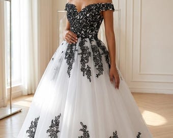 White Wedding Dress With Black Accents Elaska Wedding Dress, Black Lace  White Tulle Ball Gown, Off-