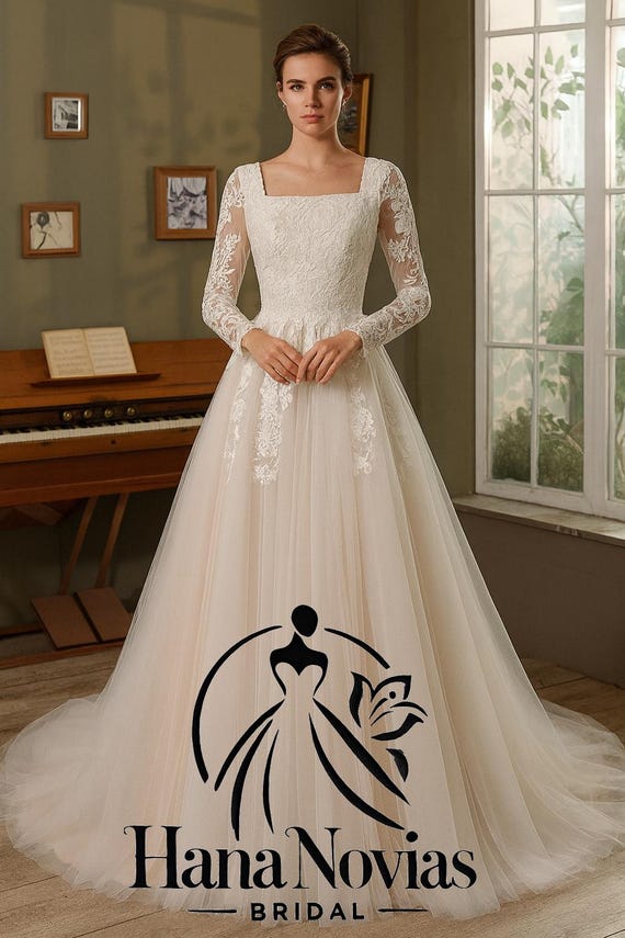 Elegant Long Sleeve Lace Wedding Dress | Square Neck Bridal Gown With Tulle  Skirt & Train | Custom LDS Modest Wedding Dress  Evelyn Grace - Etsy New  Zealand