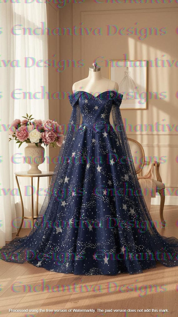 starry dress formal Celestial Star Wedding * Navy Blue Ball Gown * Constellation Bridal Gown * Off Shoulder Wedding Dress * Fantasy Wedding Dress Valentines Apparel