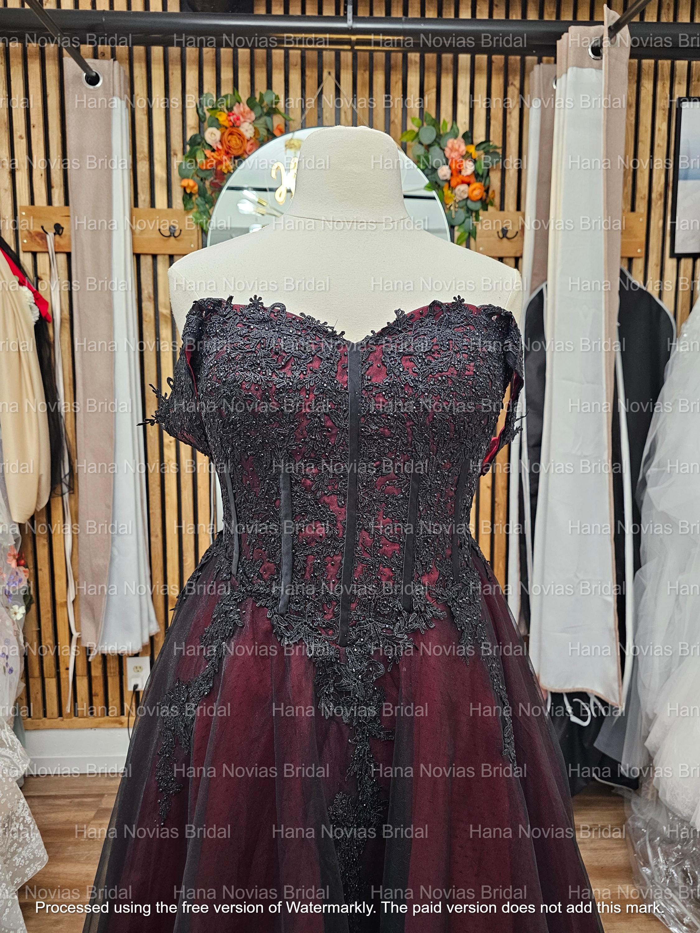 Gothic Black and Burgundy Wedding Dress with Lace, Off-Shoulder Corset Gown with Train | Carmina Gothic Bride Halloween Wedding