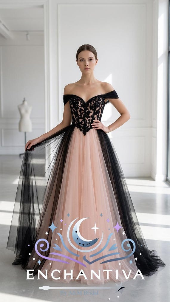Blush and Black Wedding Dress | Off Shoulder Gothic Bridal Ball Gown | Lace Corset Back Tulle Skirt | Alternative Fairytale Dress Raven Rose