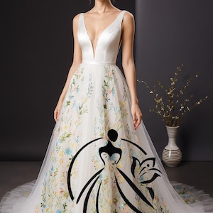 Salome Boho Floral Wedding Dress - Bridal Embroidered A-Line Gown with Plunging V-Neckline, Satin Bodice, Colorful Wildflower Tulle Skirt