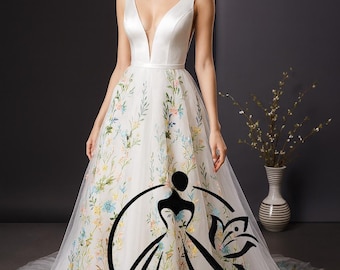 Salome Boho Floral Wedding Dress - Bridal Embroidered A-Line Gown with Plunging V-Neckline, Satin Bodice, Colorful Wildflower Tulle Skirt
