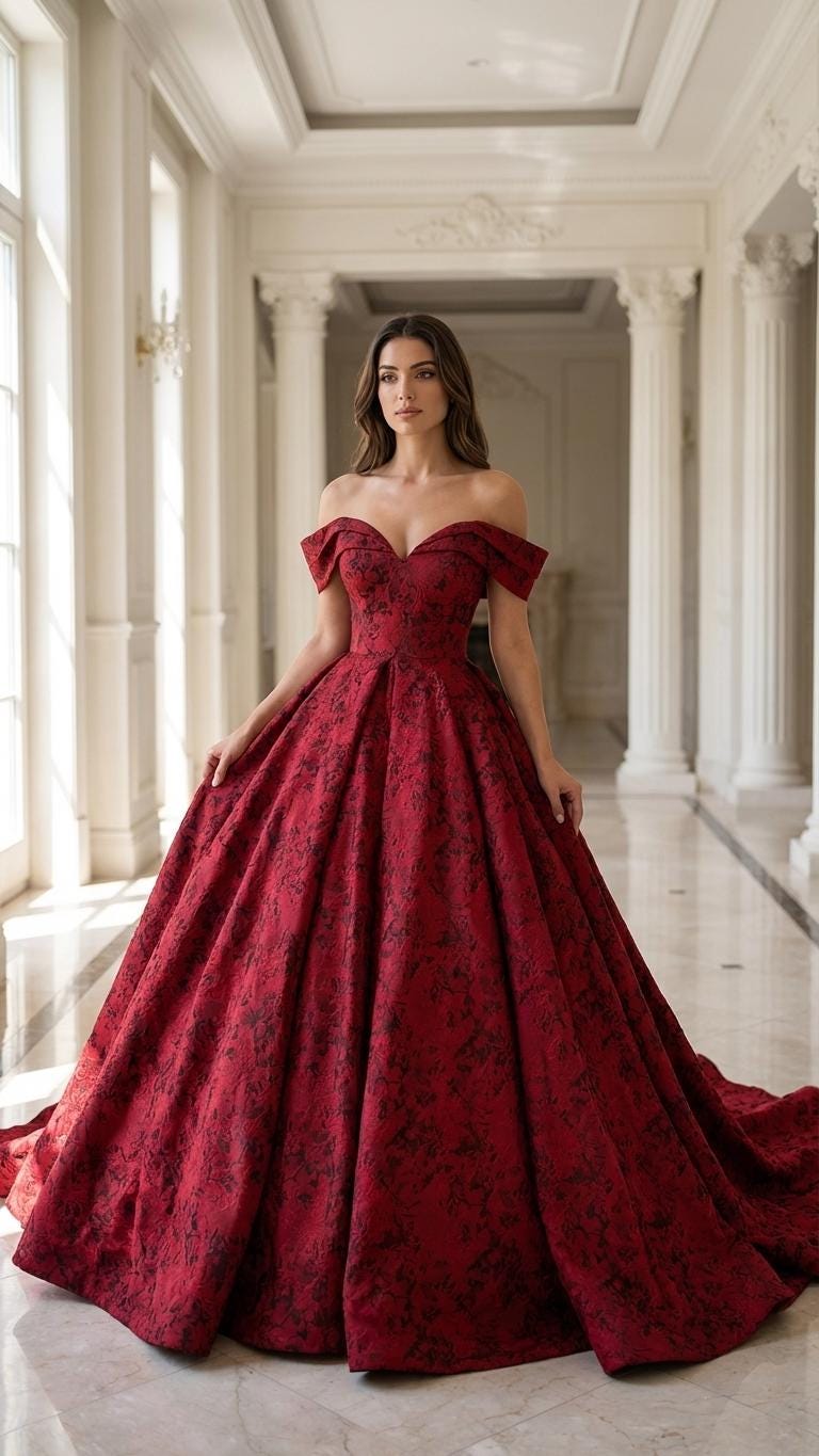 Red Gothic Wedding Dress Jacquard Satin Ball Gown Off