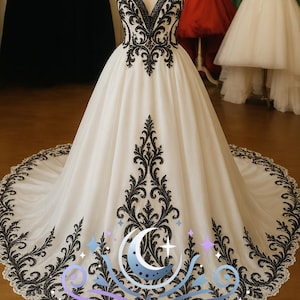 Nocturne Bloom Gothic Black & White Ball Gown Wedding Dress – Lace Corset, Embroidered Train, Alternative Bridal Gown for Unique Brides