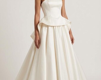 Marie-Christine Satin Wedding Dress, Basque Waist Bridal Gown, Strapless Ball Gown, Cathedral Train Wedding Dress, Minimalist Bride