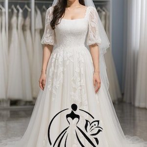 Vestido de noiva modesto Harper com mangas – Vestido de noiva em corte A com decote quadrado, mangas bufantes e bordado floral – Vestido de noiva romântico em marfim
