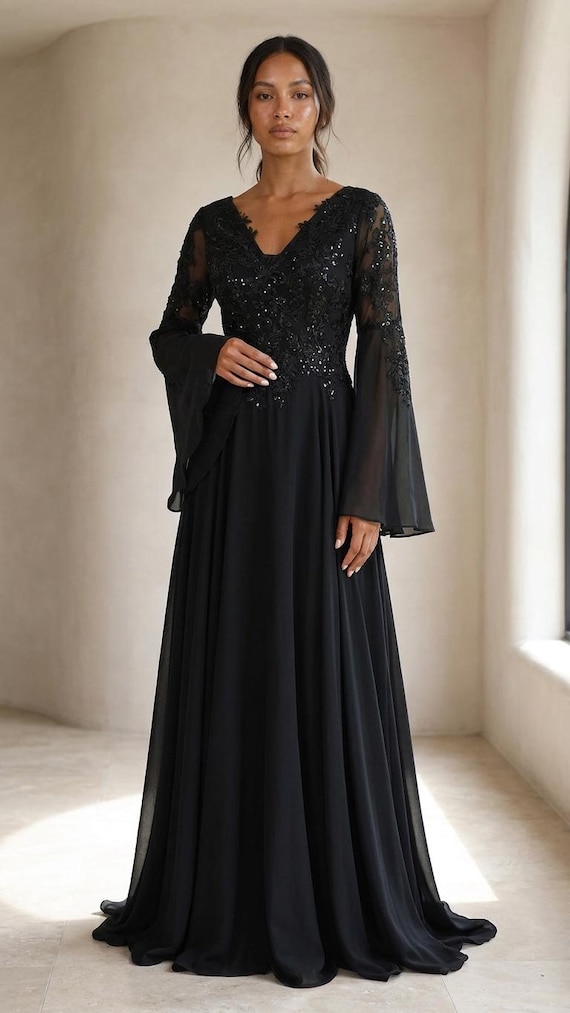 Octavia Black Gothic Wedding Dress | Lace Bodice With Bell Sleeves | Flowing Chiffon Skirt and Chapel Train | Witchy Bridal Gown