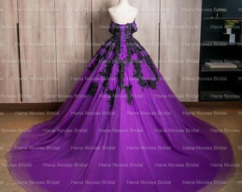 Aviva Purple and Black Gothic Wedding Dress | Dramatic Ball Gown With Lace  Appliqu | Alternative Bridal Gown for Fantasy Weddings - Etsy