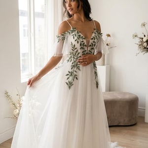 white maxi dress with green leaves White Dress With Green Leaves