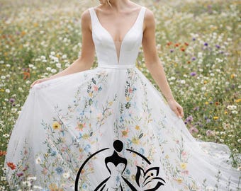 Boho Floral Embroidered Wedding Dress - Plunging V-Neck, Tulle Skirt