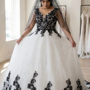 Black and White Gothic Ball Gown Wedding Dress with Lace Appliqué, Corset Back, and Sparkling Tulle Skirt – Hattie Bridal Gown Sleeveless