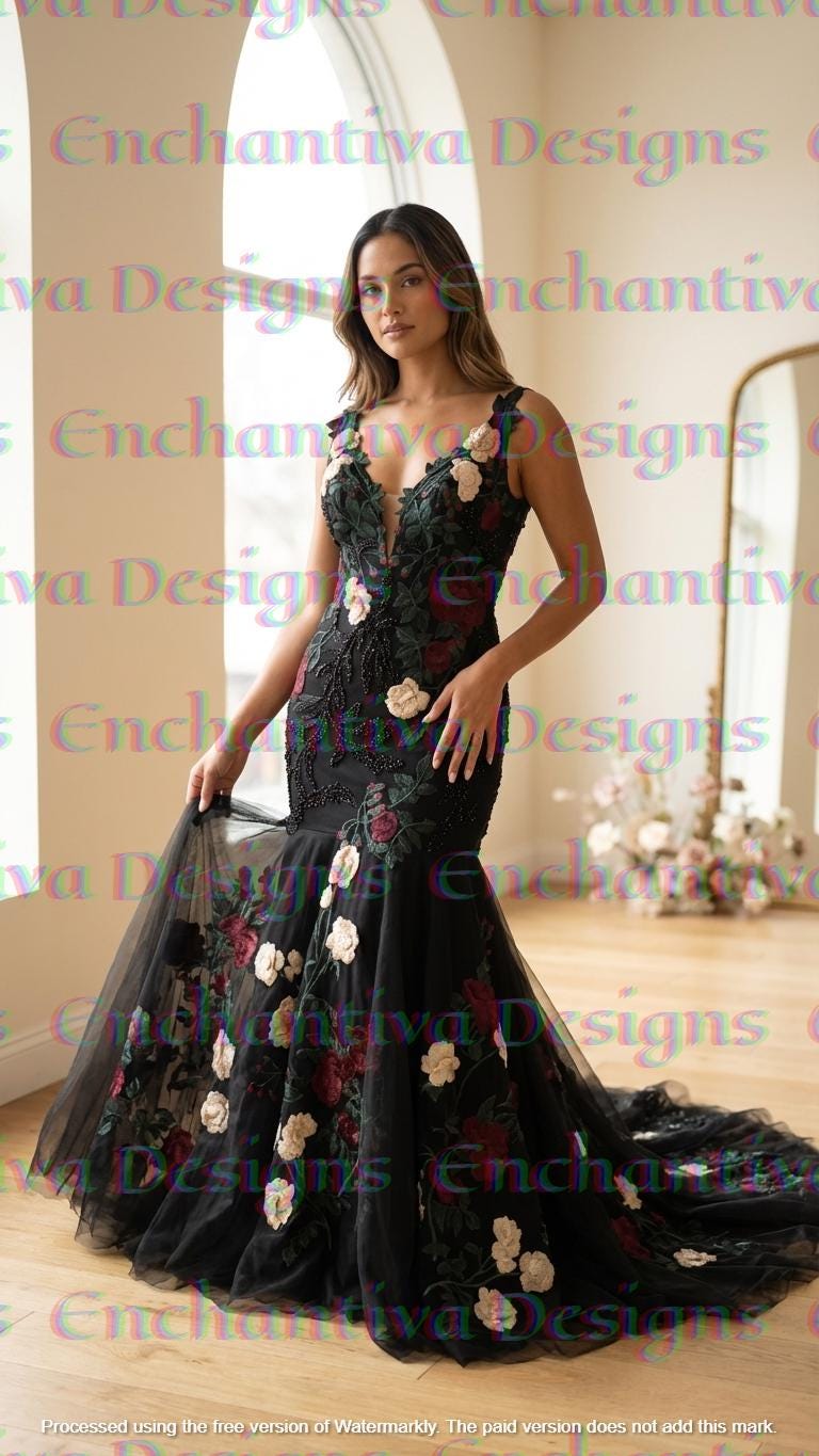 black mermaid dress with flowers Mermaid Spaghetti Straps Sweep Train Black Prom Dress with Floral Embr Promfast