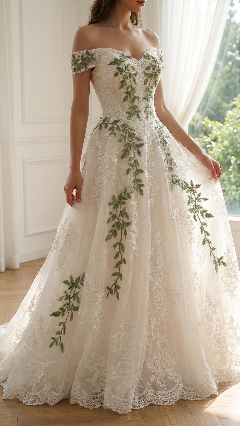 花柄レースのウェディングドレス、オフショルダーのボタニカル