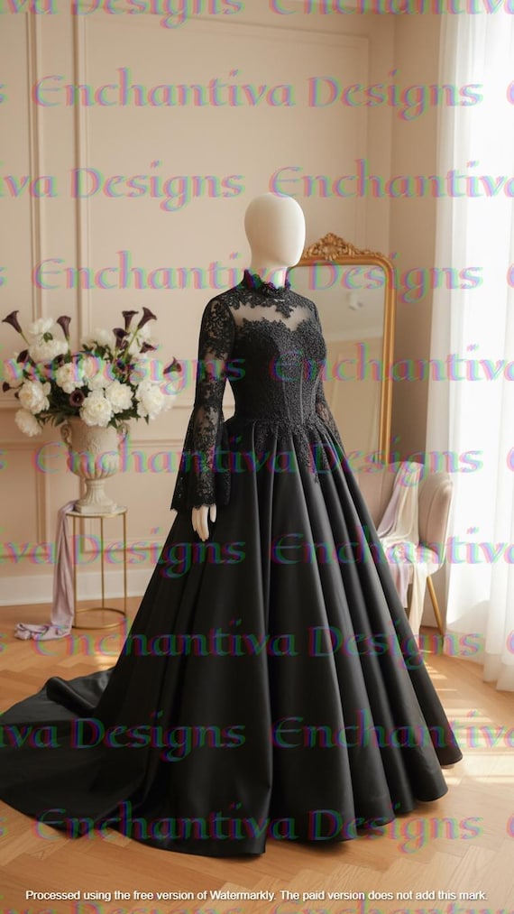 long sleeve black ball gown wedding dress NS4487 A & M Enterprises Bridal