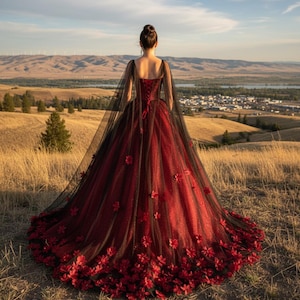 Seraphina Bloom Red and Black Floral Wedding Dress | Gothic Bridal Gown |  Long Sheer Sleeves | Embroidered Tulle Chapel Train - Etsy