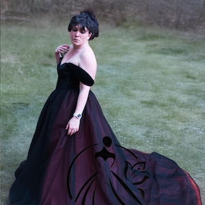 Velvet Gothic Wedding Dress, Margaret Gown with Detachable Sleeves, Black and Red Tulle Ball Gown, Alternative Bridal Corset Dress