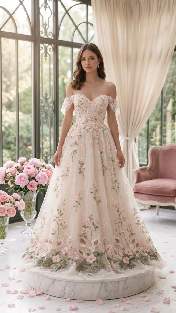 Floral Embroidered Wedding Dress Angelique | Pink Flower Bridal Gown | Romantic Garden Wedding Dress | Cottagecore Bride Dress | Boho Gown