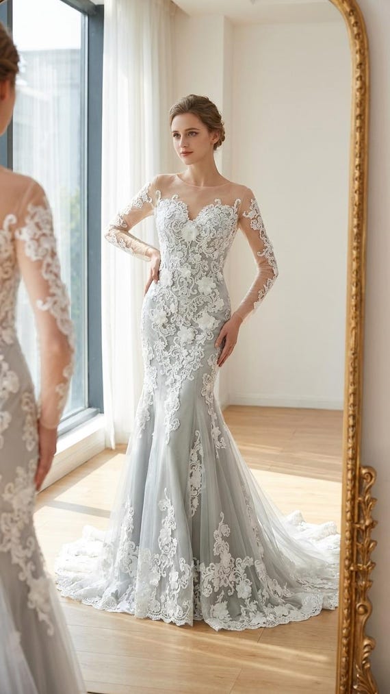 Silver Mermaid Wedding Dress Quinn | Gothic Bridal Gown with 3D Floral Lace & Sheer Sleeves