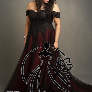 Gothic Black and Burgundy Wedding Dress with Lace, Off-Shoulder Corset Gown with Train | “Carmina” Gothic Bride Halloween Wedding