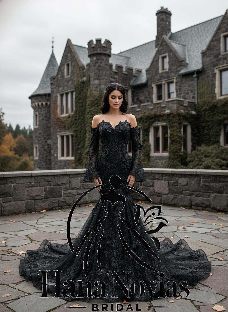 Black Gothic Mermaid Wedding Dress * 3D Floral Lace * Detachable Sleeves * Sparkle Train * Alternative Bridal Gown * Custom Sizing Henriette Black Gothic Mermaid Wedding Dress * 3D Floral Lace * Detachable Sleeves * Sparkle Train * Alternative Bridal Gown * Custom Sizing Henriette
