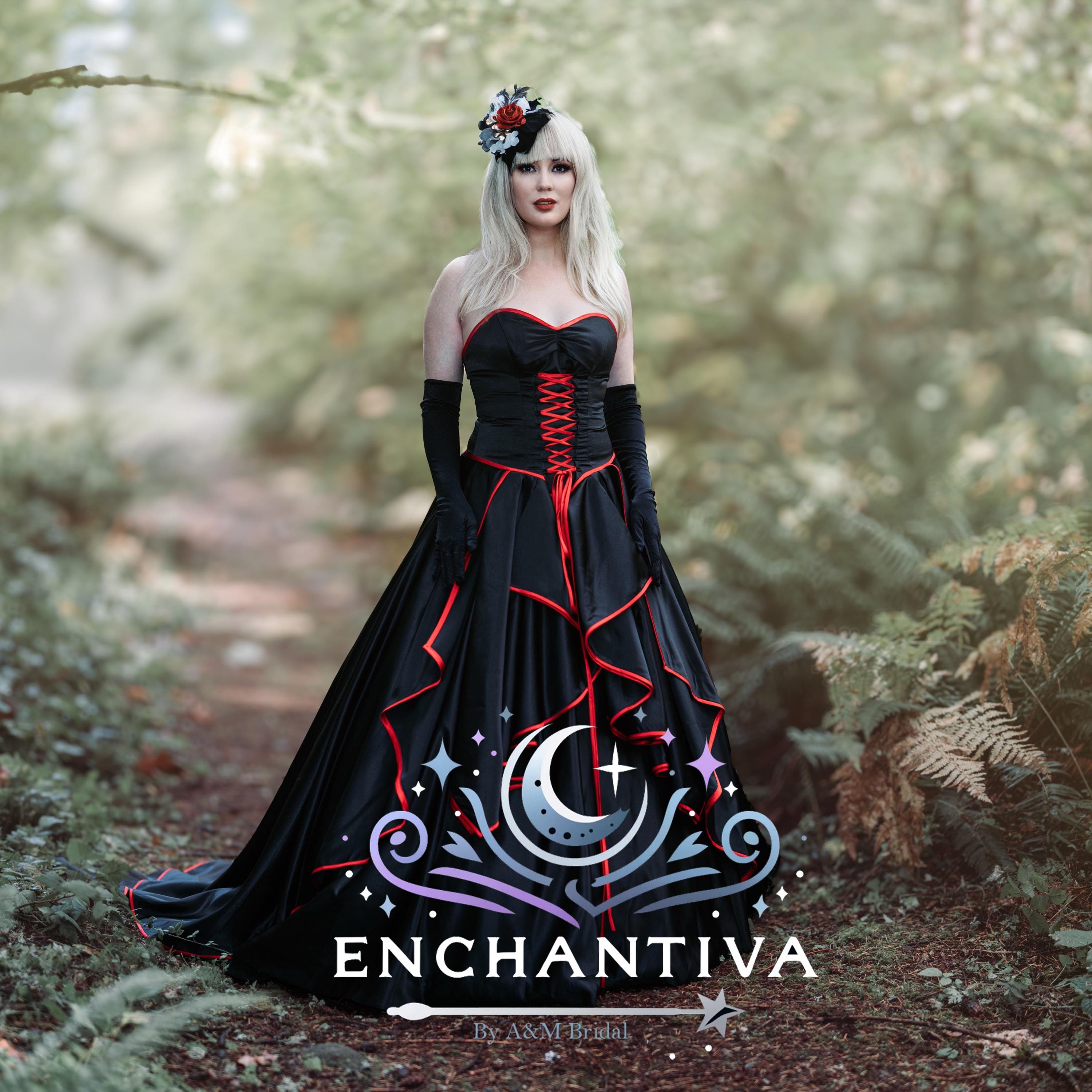 Scarlet Whisper Aline Wedding Dress Gothic Black Red Bridal Gown Sleeveless Strapless Sweetheart Neckline Corset Back Customizable Design 14