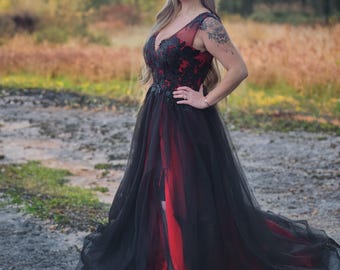 Emilia Sage Black Over Red A-Line Wedding Dress With Split V Neck Sleeveless Alternative Bride Thigh High Side Slit V Neckline Gothic Design