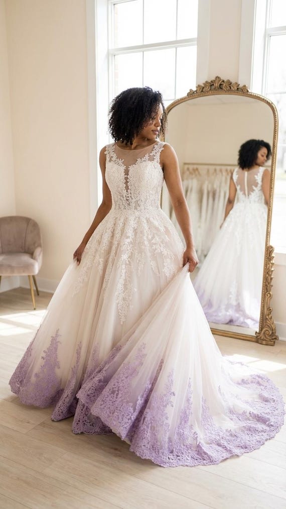 open lace back dress V Neck Mermaid Purple Lace Floral Long Prom Dress, Lavender Lace Forma –  morievent main image 1
