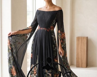 Black Bridal Jumpsuit Floral Embroidered, Gothic Wedding Jumpsuit, Boho Bride Outfit, Alternative Wedding Jumpsuit, Wide Leg