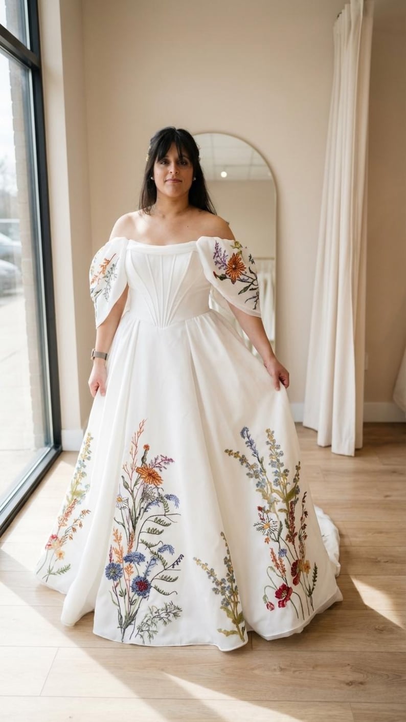 Ambretta Off Shoulder Wedding Dress – Detachable Sleeves, Floral Embroidered Boho Bridal Gown, Alternative Unique Garden Bride image 10