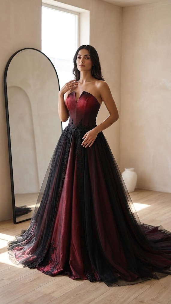 Gothic Wedding Dress Burgundy Black Ball Gown Corset Bridal Dress Alternative Bride Aleera