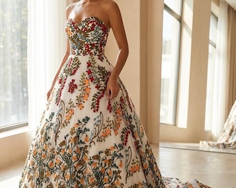 Strapless Floral Wedding Dress • A Line Bridal Gown • Corset Back • Romantic Lace Wedding Dress • Garden Bride • Custom Size Amandine