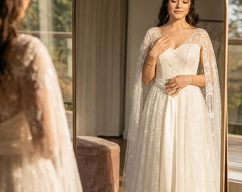 Léonie Celestial Star Wedding Dress – Enchantiva Bridal Gown with Cape Sleeves | Belt Optional | Moonlight Star Embroidered Dress