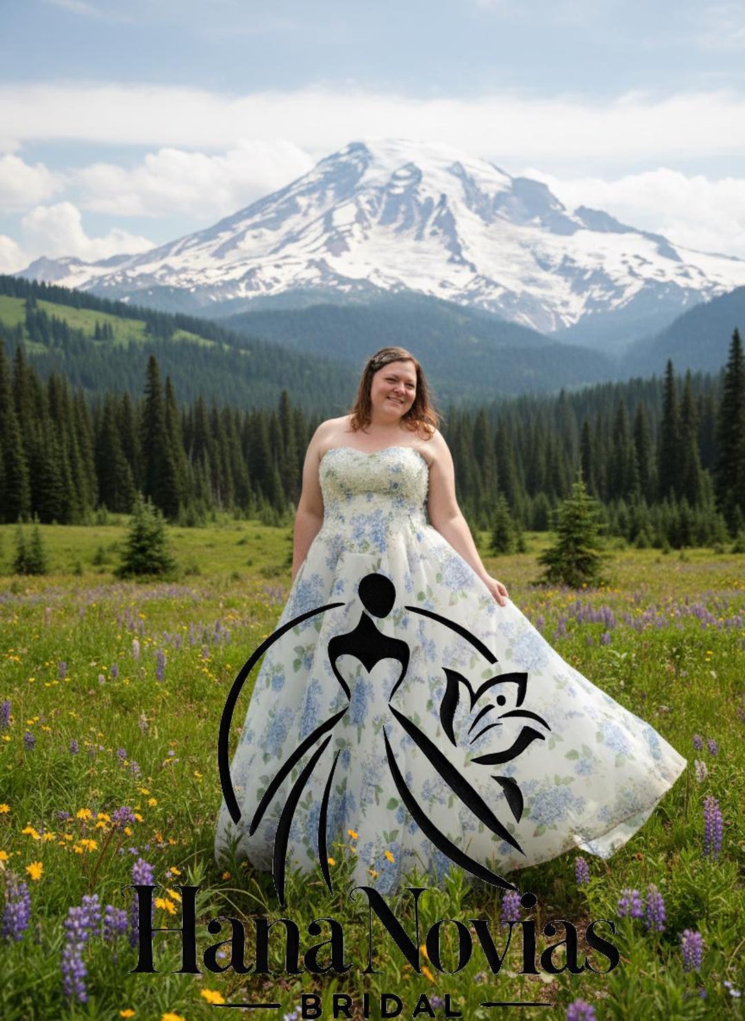 HUGS and HONI フラワープリント ドレス Ondine Floral Wedding Dress, Strapless Blue Hydrangea Print Gown