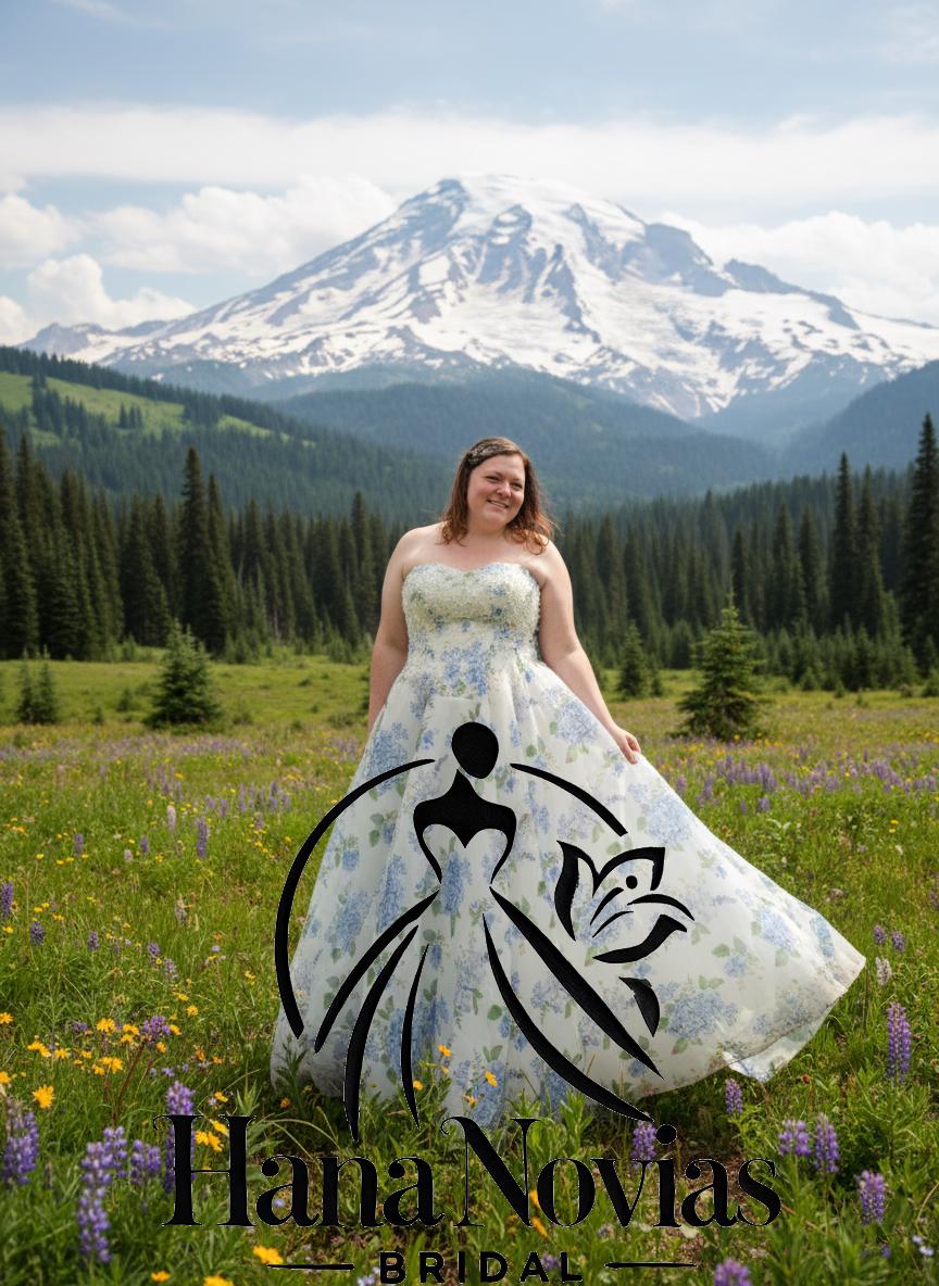 Ondine Floral Wedding Dress, Strapless Blue Hydrangea Print Gown