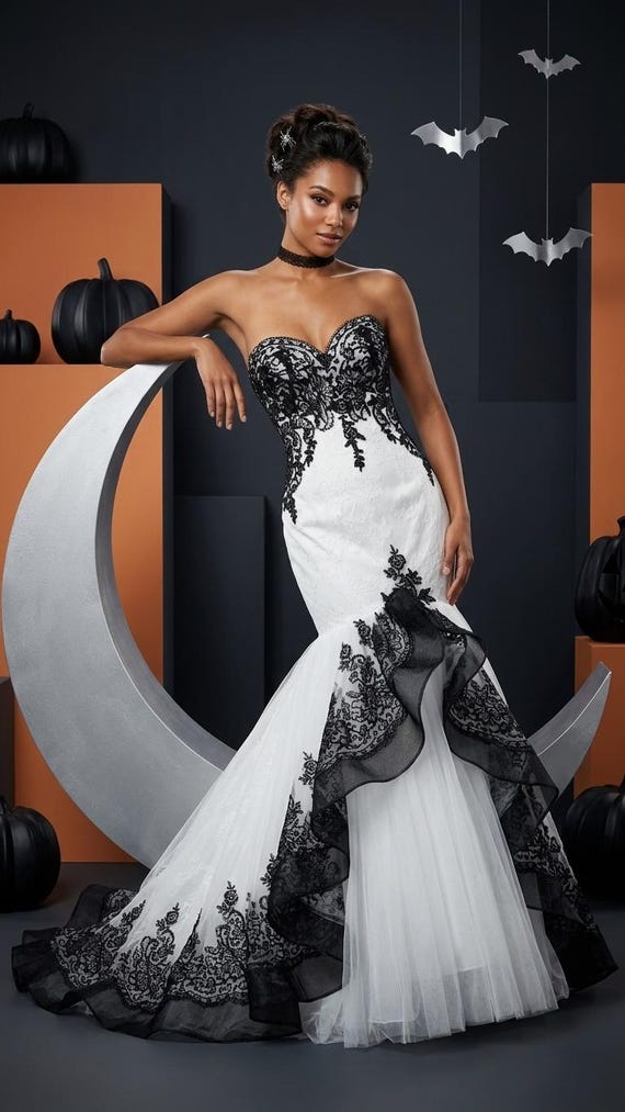 Obsidian Blossom Stunning Black and White Mermaid Wedding Dress Bridal Gown Sweetheart Neckline Sleeveless Strapless Alternative Bride Goth Obsidian Blossom Stunning Black and White Mermaid Wedding Dress Bridal Gown Sweetheart Neckline Sleeveless Strapless Alternative Bride Goth