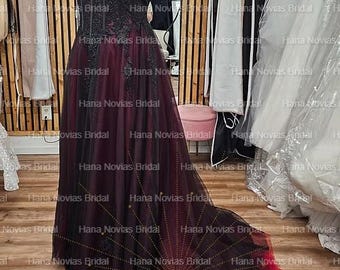 Gothic Black and Burgundy Wedding Dress With Lace, Off-shoulder Corset Gown  With Train | Carmina Gothic Bride Halloween Wedding - Etsy