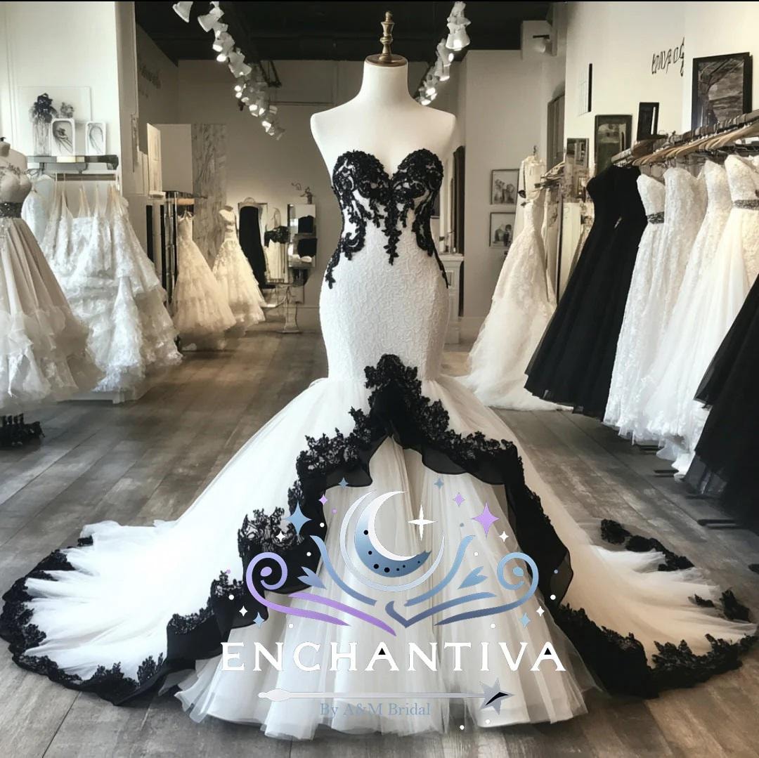Ball Gown Black And White Mermaid Wedding Dress Obsidian Blossom