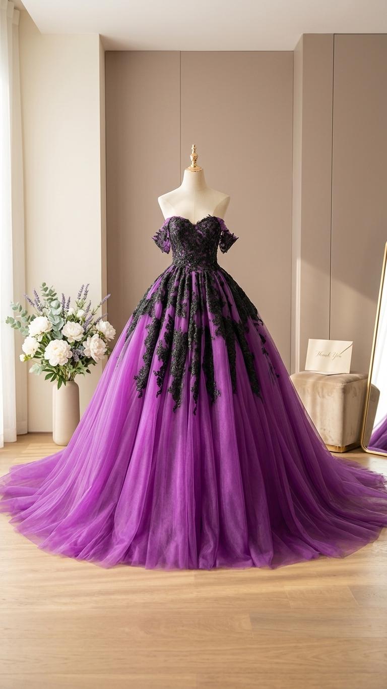 Aviva Purple and Black Gothic Wedding Dress | Dramatic Ball Gown with Lace Appliqu | Alternative Bridal Gown for Fantasy Weddings