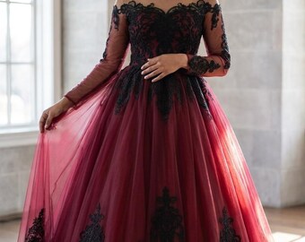 Long Sleeve Black or Gold Lace Wedding Dress | Off Shoulder Ball Gown with Train | “Sophia” | Princess | Alternative Bride