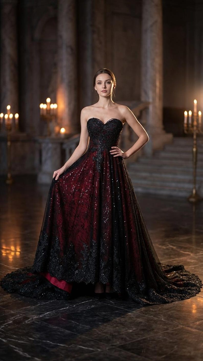 Gothic High-low Wedding Dress Black & Dark Red | Strapless Lace Corset ...