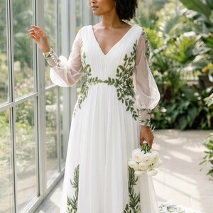 Nature-Inspired Eden Wedding Dress - Boho Chiffon Bridal Gown with Green Embroidery, Puff Sleeves, A-Line Silhouette & Flowing Train