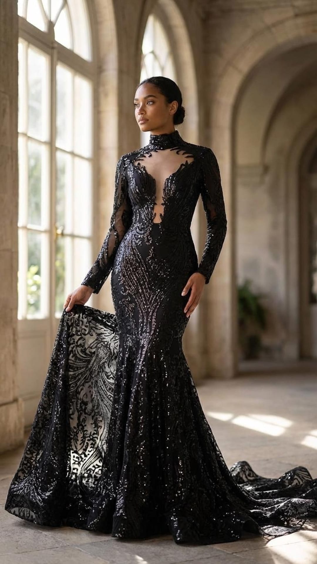 Tish Black Wedding Dress, Gothic Sequin Lace Mermaid Gown with High Neck & Long Sleeves, Dramatic Train, Dark Bridal Elegance Alternative Tish Black Wedding Dress, Gothic Sequin Lace Mermaid Gown with High Neck & Long Sleeves, Dramatic Train, Dark Bridal Elegance Alternative